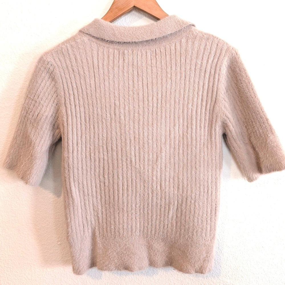 Bailey 44 Womens Beige Ribbed Eyelash Knit Polo V-Neck Short Sleeve Sweater M - Picture 3 of 6